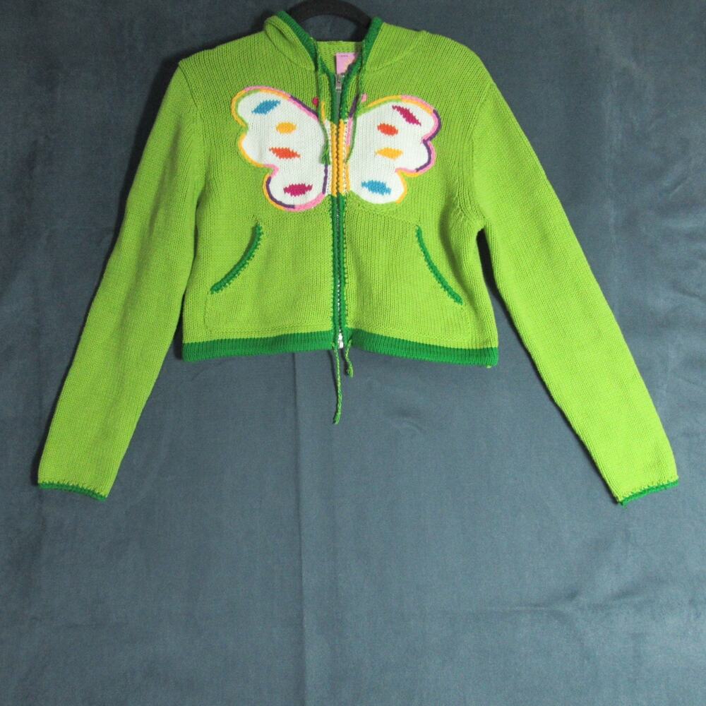 UNIF Cardigan Sweater Medium Green Full Zip Butterfly Granola Girl Flower Child